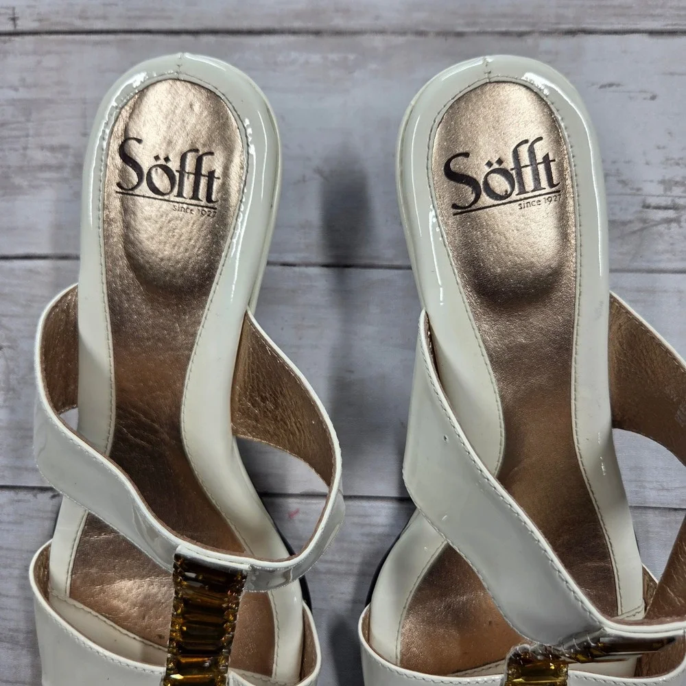 Sofft Crystal Embellished Patent Leather Wedge Sandal Women 9W Cream Jewel Slide